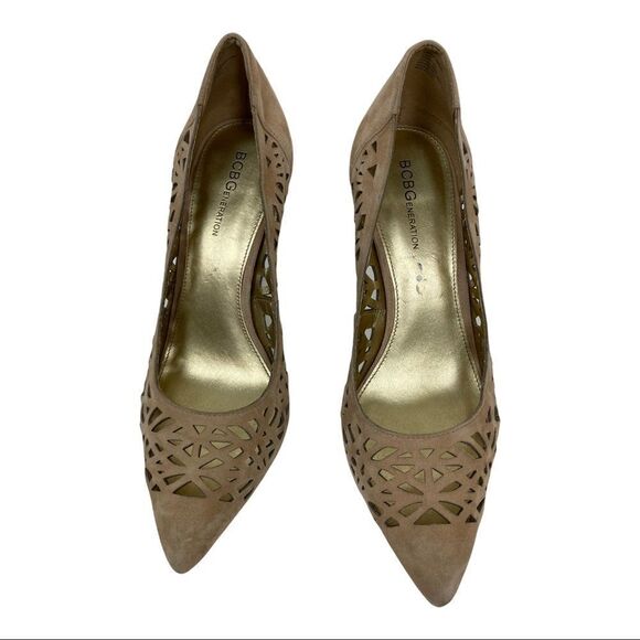 BCBG Size 9.5 Nude Tan Neutral Stiletto Heels Leather Suede Laser Cut Out - Picture 6 of 8